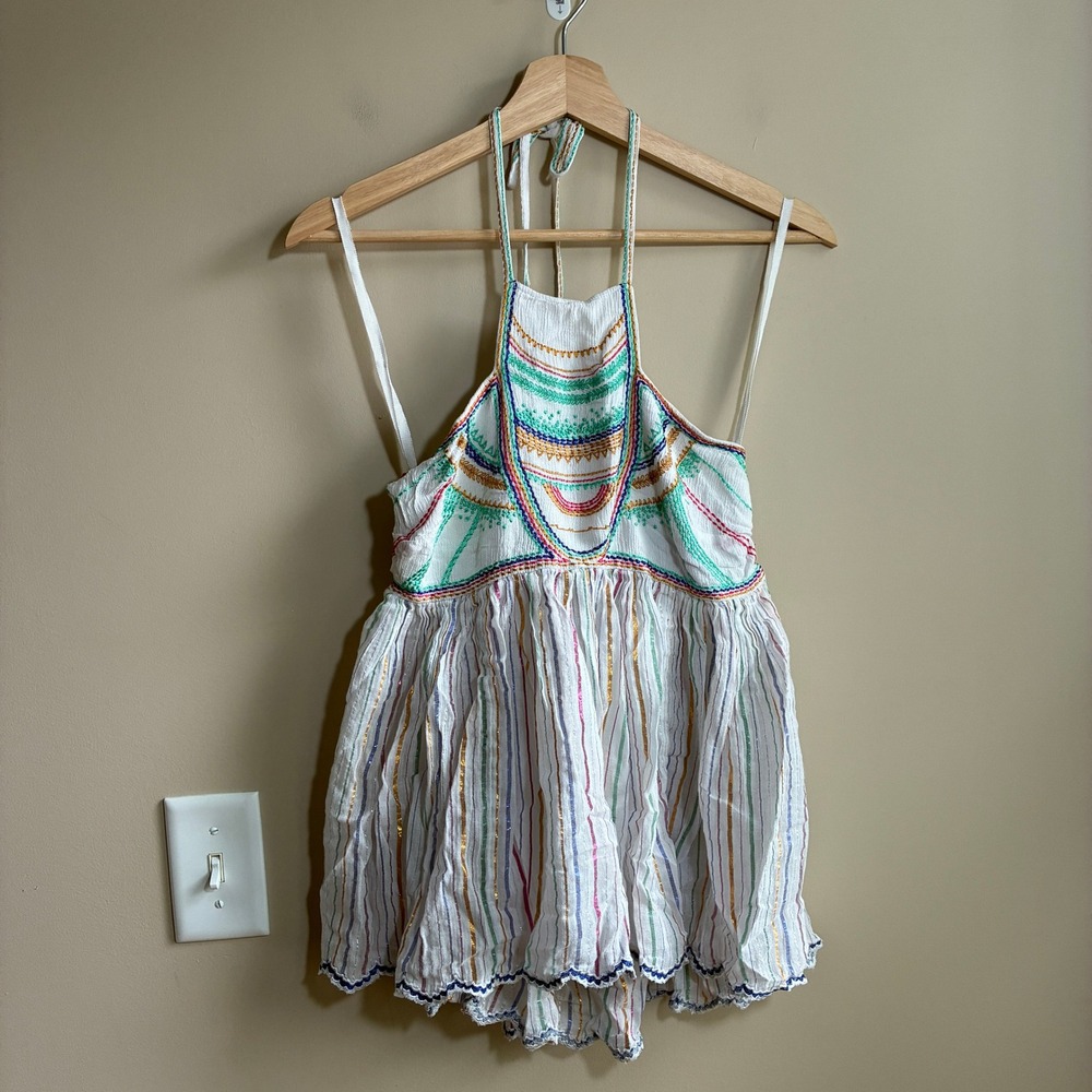 Floreat Anthropologie Embroidered Halter Top 2 White Multi Womens Boho Rainbow